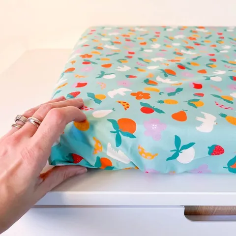 Mains qui lissent le matelas à langer Pique-nique, fruits et oiseaux