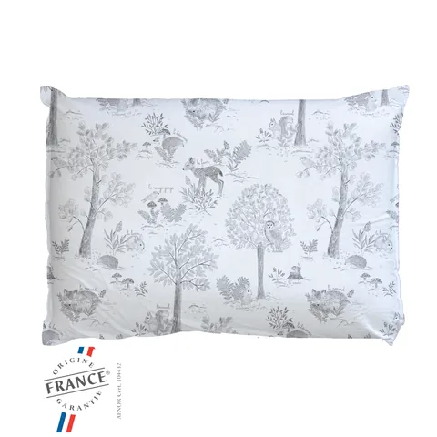 Oreiller housse blanche à dessins gris de sous-bois sur fond blanc, logo Origine France Garantie