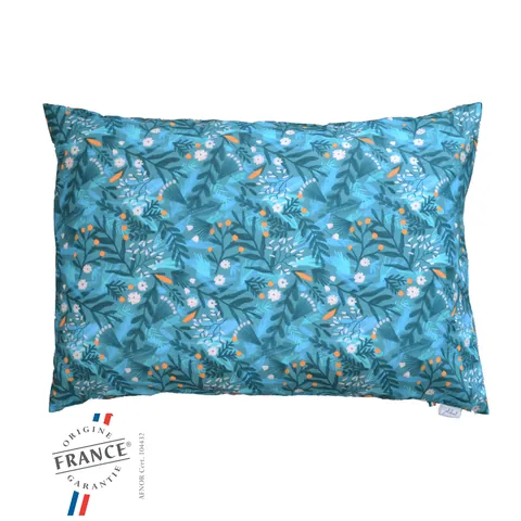 Oreiller housse bleu canard à feuillages sur fond blanc, logo Origine France Garantie