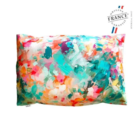 Oreiller housse jardin aux touches de peinture vives sur fond blanc, logo Origine France Garantie