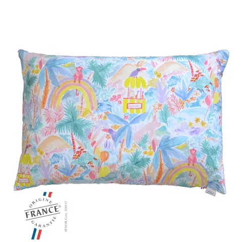 Oreiller housse jungle aquarelle pastel sur fond blanc, logo Origine France Garantie