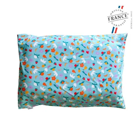 Oreiller housse vert d'eau à fruits et oiseaux sur fond blanc, logo Origine France Garantie