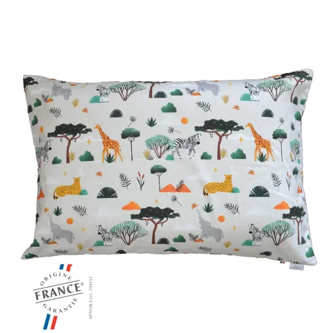 Oreiller housse crème à animaux de savane sur fond blanc, logo Origine France Garantie