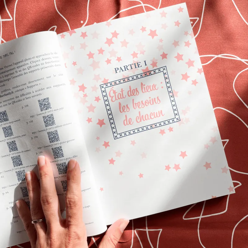 Le livre ouvert sur la page « Partie 1 : État des lieux, les besoins de chacun », posé sur un tissu terracotta
