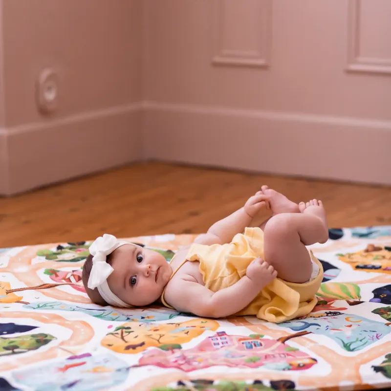 Une petite fille coiffée d'un bandeau, allongée sur un tapis d'éveil coloré posé sur un parquet, dans une chambre aux murs roses