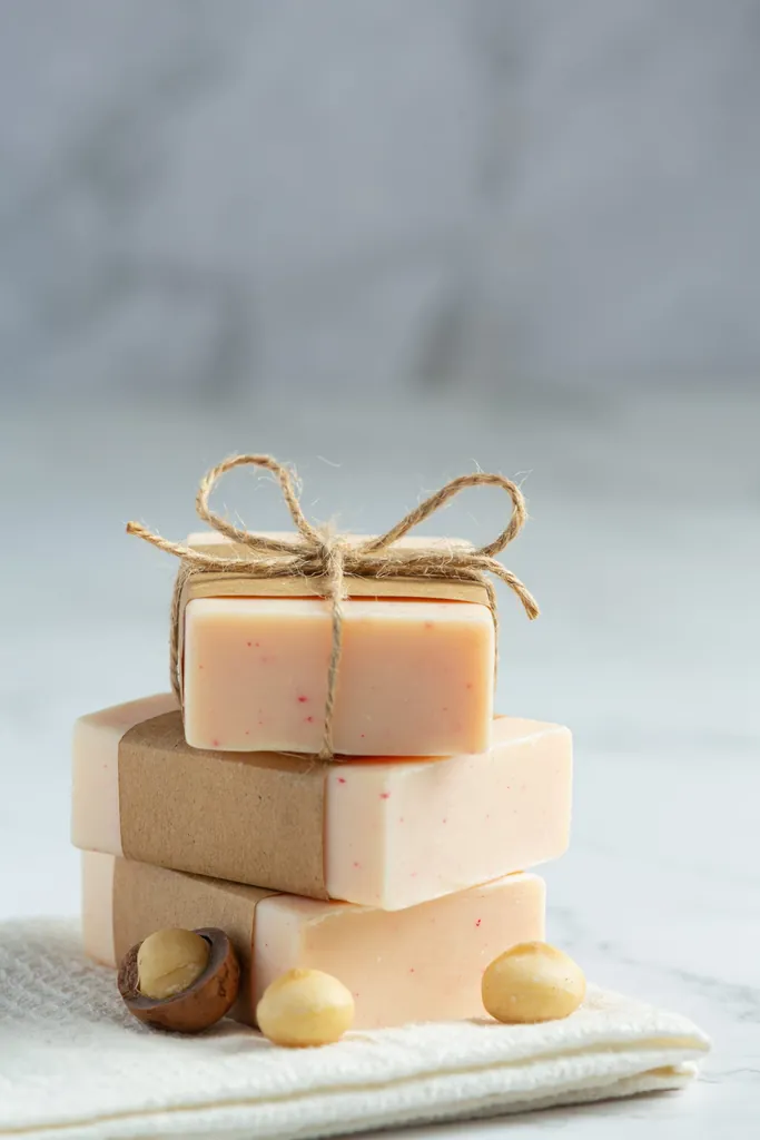 Trois pains de savon solide empilés et noués d'une ficelle, posés sur une serviette blanche