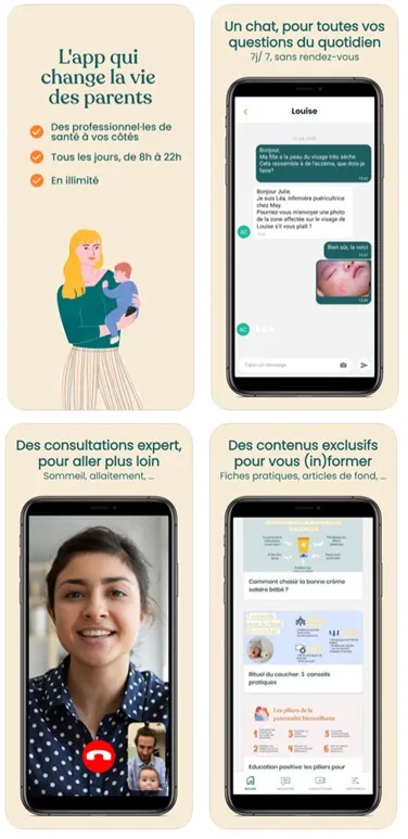 L'application May présentée en quatre écrans : l'app qui change la vie des parents, un chat pour les questions du quotidien, des consultations d'expert en vidéo, des contenus exclusifs