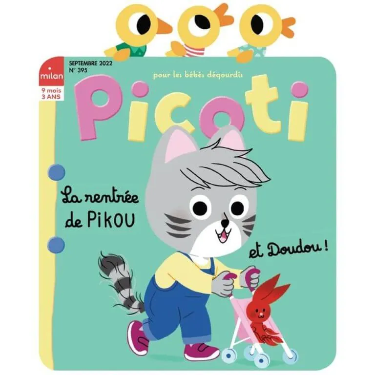 Couverture du magazine Picoti de septembre 2022, « La rentrée de Pikou et Doudou ! » : un chaton qui pousse une poussette