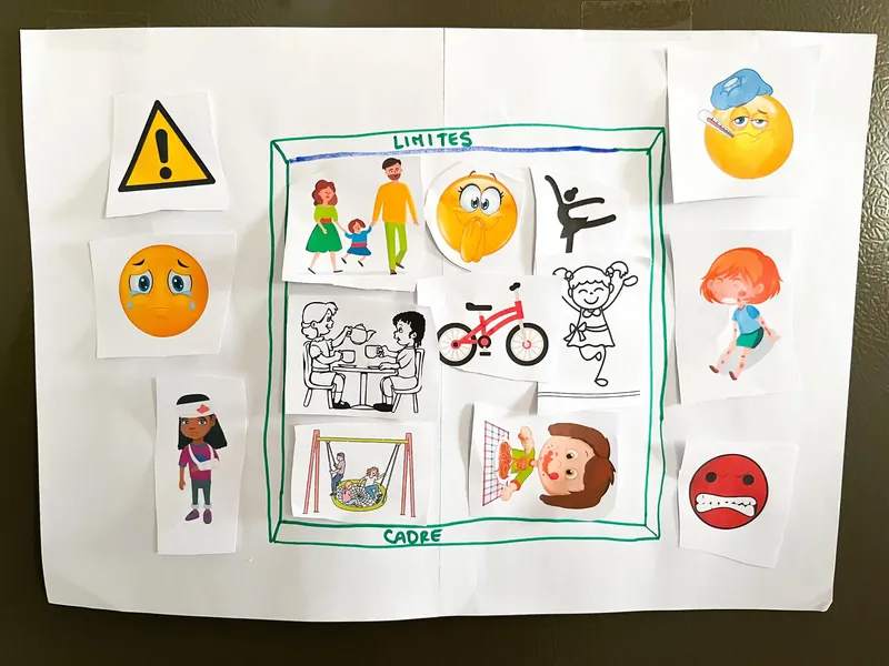 Le cadre fait à la maison : sur une grande feuille, un cadre vert marqué « limites » et « cadre » entoure des images heureuses (famille, vélo, danse, balançoire) ; autour, un panneau danger et des smileys malades, tristes ou en colère