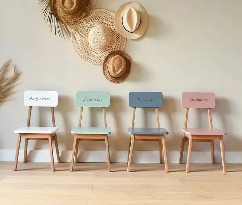 Quatre chaises d'enfant en bois alignées contre un mur, chaque dossier pastel porte un prénom