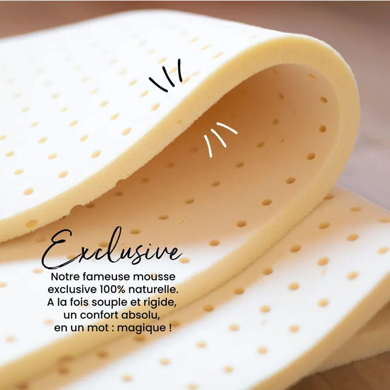 Une plaque de mousse de latex naturel perforée, repliée, avec le texte : Exclusive, notre fameuse mousse exclusive 100% naturelle, à la fois souple et rigide, un confort absolu, en un mot : magique !