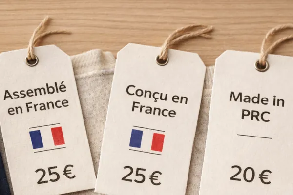 Trois étiquettes de vêtement : « Assemblé en France » et « Conçu en France » à 25 € avec un drapeau français, « Made in PRC » à 20 €