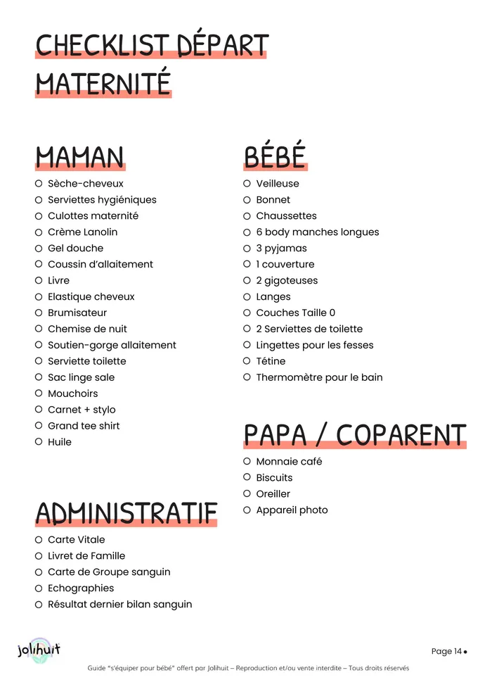 Page « Checklist départ maternité » du guide Jolihuit : listes à cocher Maman, Bébé, Papa / Coparent et Administratif