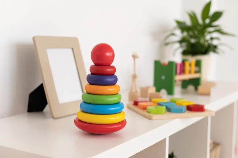 Une pyramide d'anneaux en bois multicolore sur une étagère blanche, avec un cadre photo, un puzzle de formes en bois et un jeu à marteler