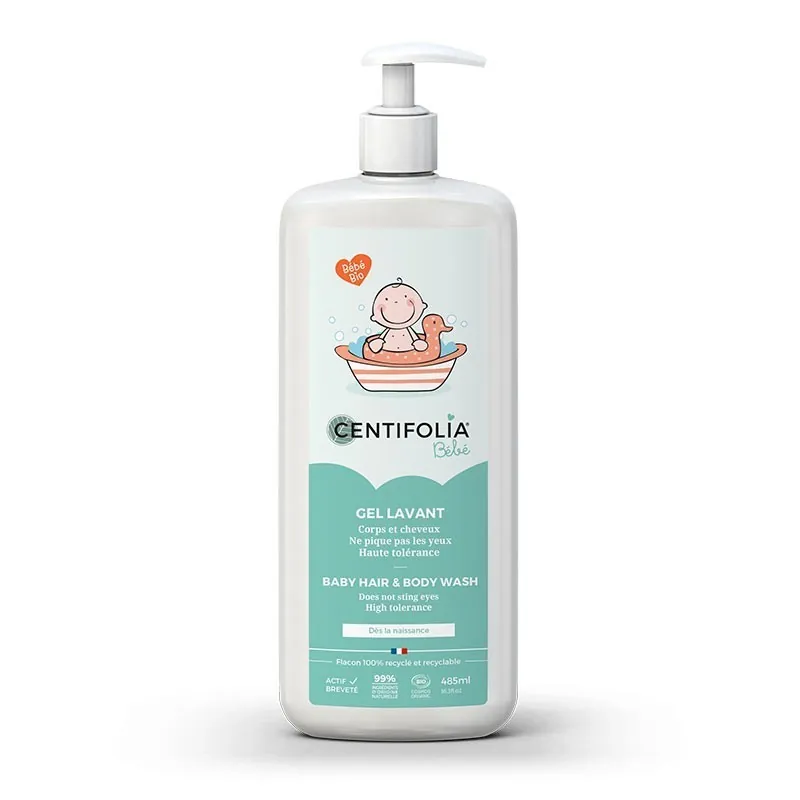 Un flacon pompe de gel lavant corps et cheveux Centifolia Bébé sur fond blanc