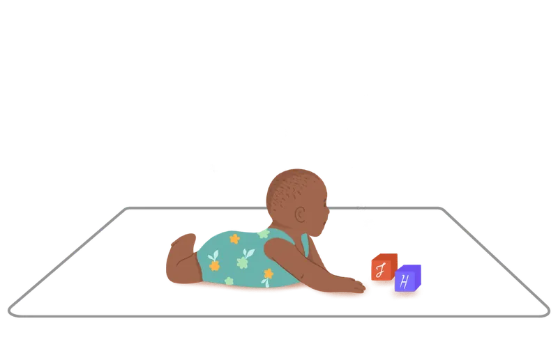 Pictogramme 4-12 mois : un bébé sur le ventre qui tend la main vers deux cubes