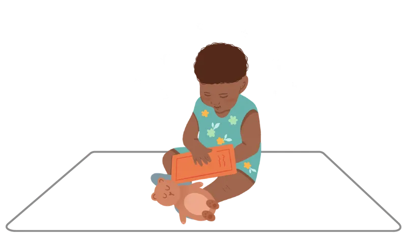 Pictogramme 4 ans et plus : un enfant assis qui lit un livre, un ours en peluche à côté de lui