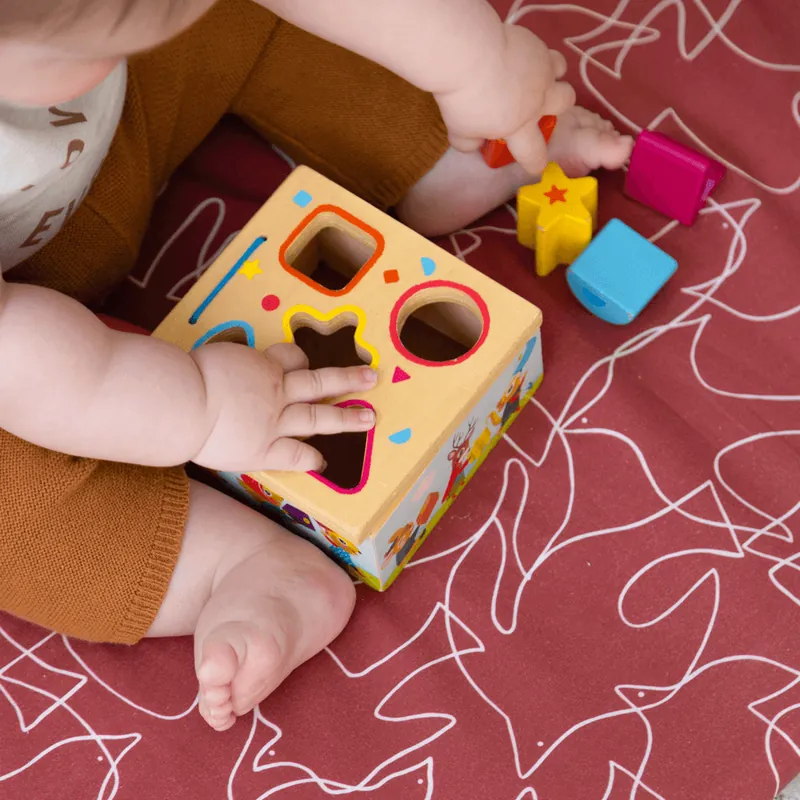 Mains d'un bébé assis sur un tapis rouge à motifs blancs, qui glisse une forme dans une boîte à formes en bois