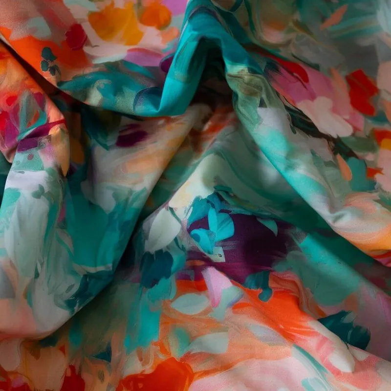 Plis d'un tissu de coton à l'imprimé aquarelle turquoise, orange et violet