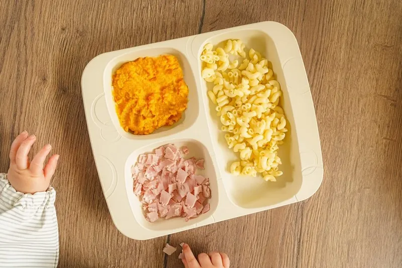 Vue de dessus d'une assiette compartimentée crème garnie de purée de carottes, de coquillettes et de jambon, entre deux petites mains de bébé