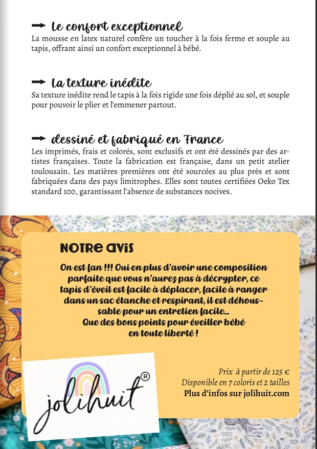 La page suivante de l'article : trois paragraphes, le confort exceptionnel, la texture inédite, dessiné et fabriqué en France, puis l'encadré jaune Notre avis.
